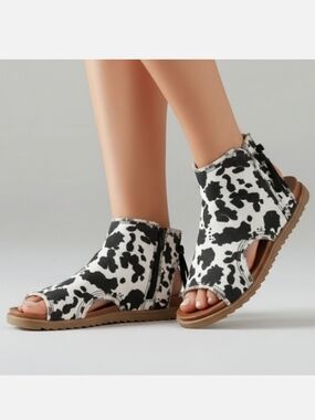 Very G Libra Black Cow Animal Print Western Sandals Shoes Size 7